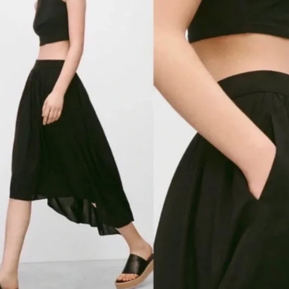 Aritzia Talula Women's Black Midi A-Line Skirt with Pleated High-Low Hem Size M - Picture 4 of 13